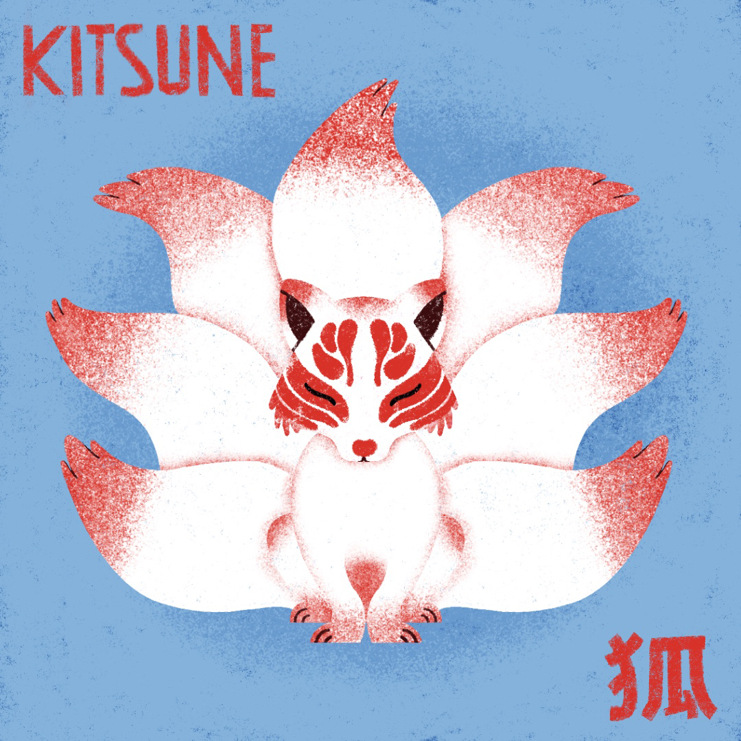 Ilustração do yokai Kitsune, uma raposa branca com detalhes vermelhos, em fundo azul.