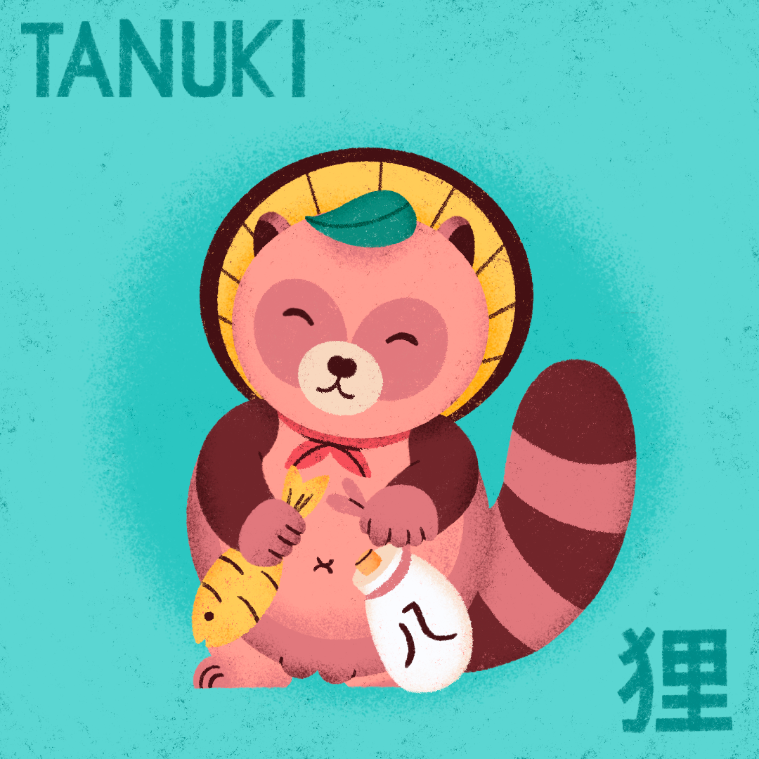 Ilustração de Tanuki, um tipo de yokai japonês.