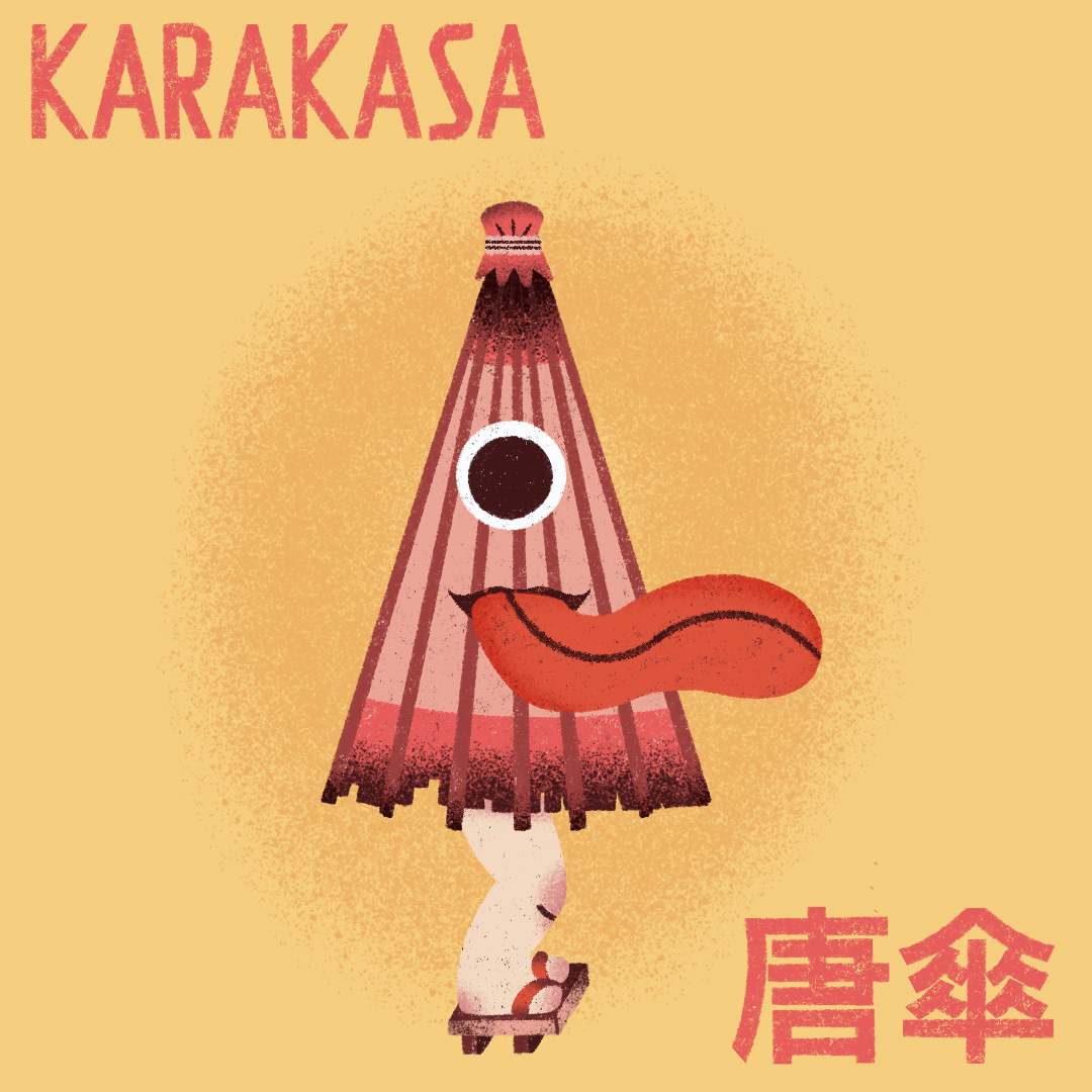 Ilustração de Karakasa, um tipo de yokai japonês.