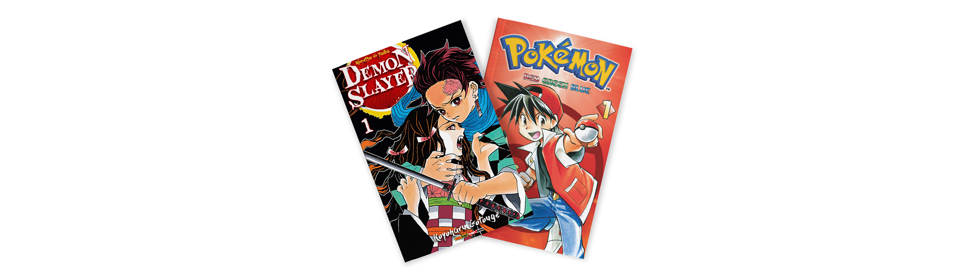 Imagem da capa de dois mangás em fundo branco: Demon Slayer, de Koyoharu Gotouge e Pokemon RGB, de Hidenori Kusaka e Mato