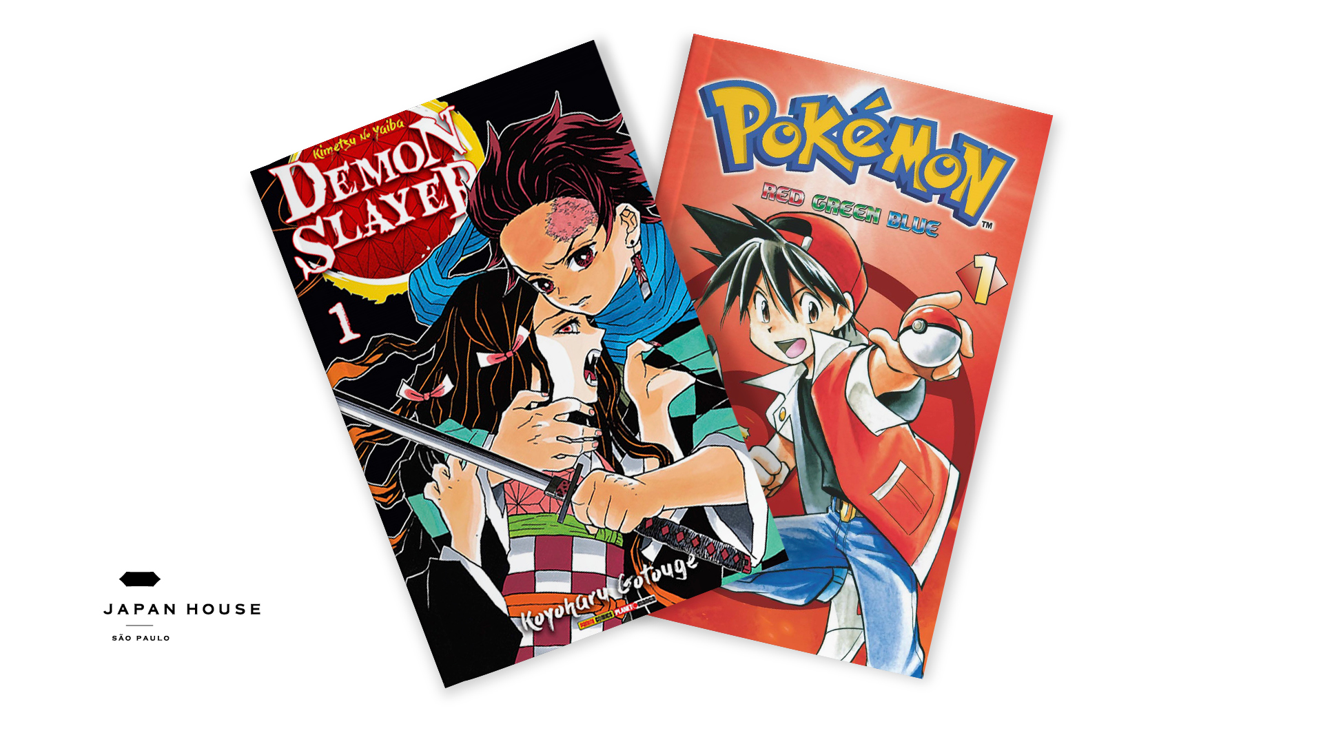Imagem da capa de dois mangás em fundo branco: Demon Slayer, de Koyoharu Gotouge e Pokemon RGB, de Hidenori Kusaka e Mato