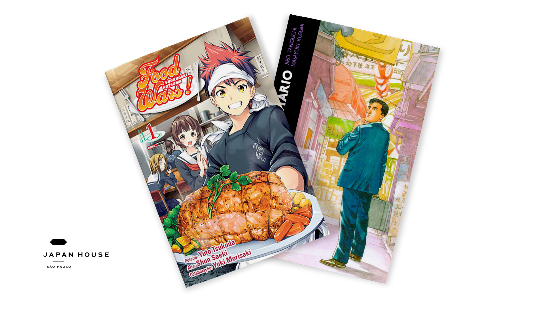 Imagem da capa de dois mangás em fundo branco: Food Wars!, de Yuuto Tsukuda, Yuki Morisaki e Shun Saeki, e O Gourmet Solitário, de Masayuki Kusumi e Jiro Taniguchi.