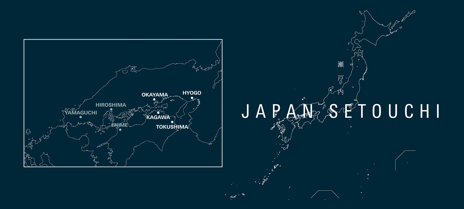 Mapa do Japão desenhado com finas linhas brancas em fundo azul marinho. Ao lado direito está escrito "Japan Setouchi".