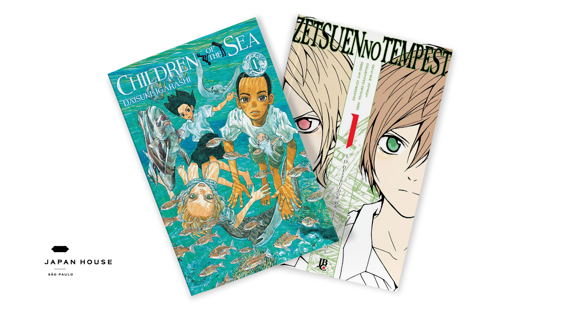 Capas dos mangás Children of the Sea, de Daisuke Igarashi, e Zetsuen no Tempest - O Destruidor da Civilização, de Arihide Sano, Kyo Shirodaira e Ren Saizaki, em fundo branco.