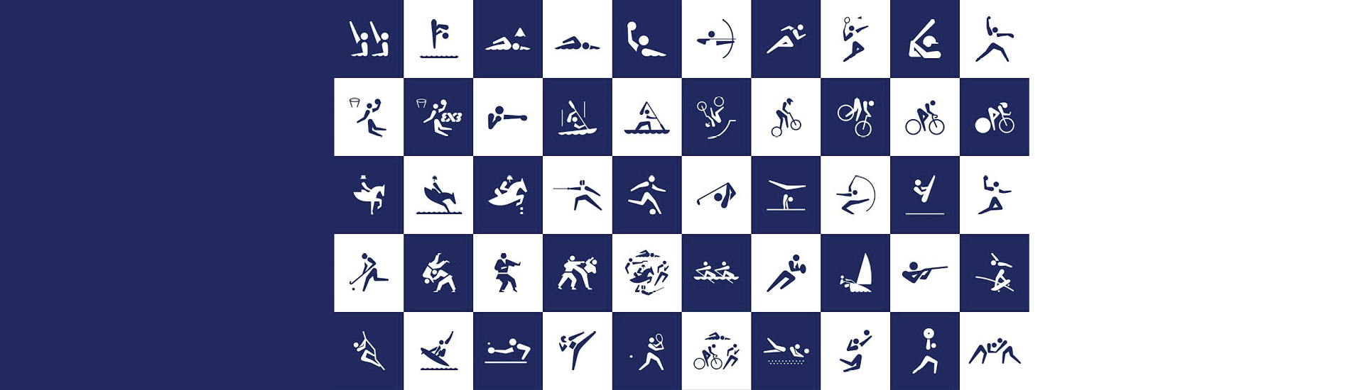 Diversos pictogramas relacionados a esportes em quadrados intercalados nas cores branco e azul marinho.