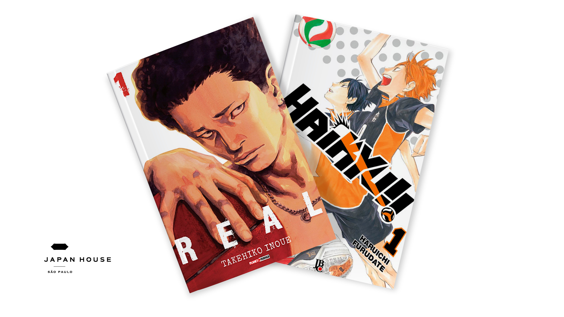 Capas dos mangás Haikyu!!, de Haruichi Furudate, e Real, de Takehiko Inoue, em fundo branco.