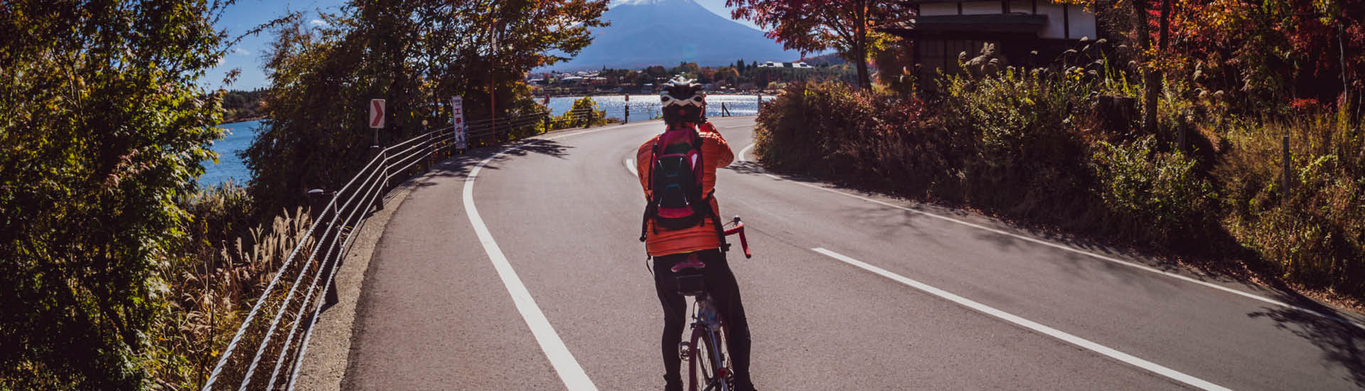 Ciclista de costas pedalando em rua com árvores ao redor e vista para o mar no horizonte.