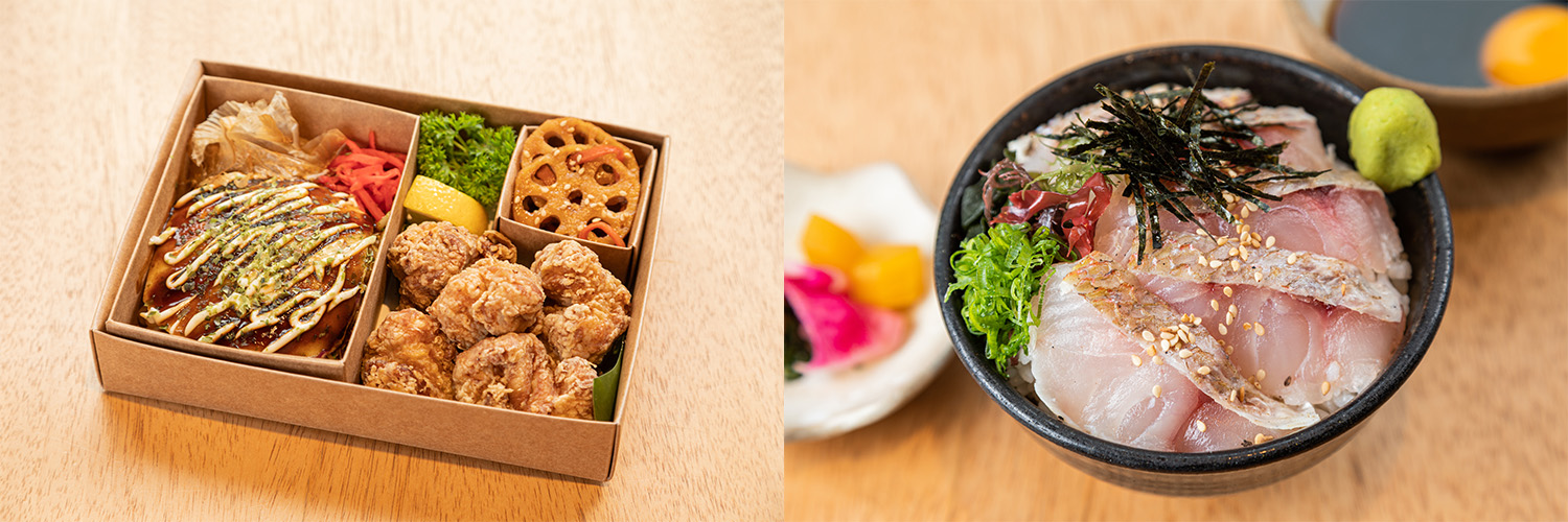 Montagem de duas fotos. À esquerda, caixa com Senzanki, Renkon e Mini Okonomiyaki. À direita, bowl preto com Taimeshi.