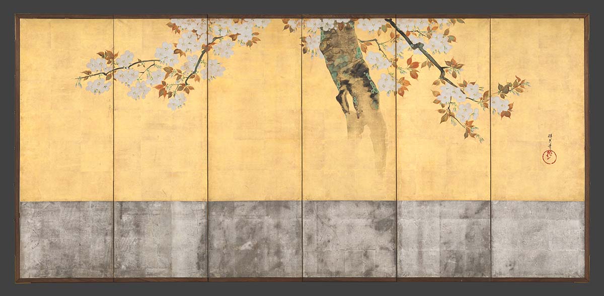 Imagem de pintura de galhos de Sakura em uma superfície de madeira 