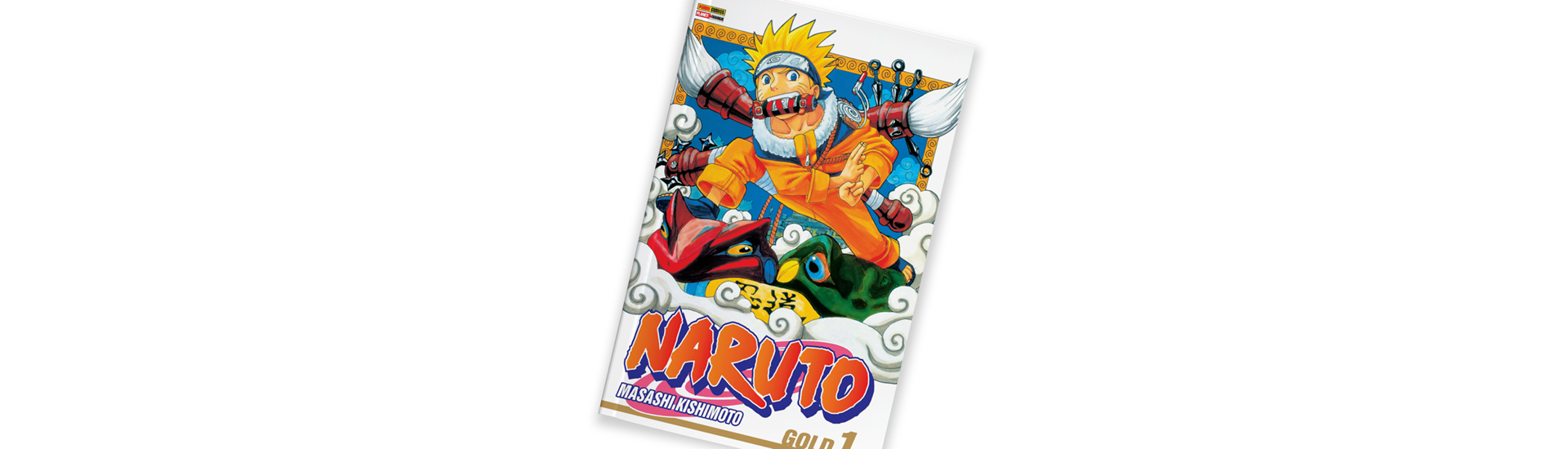   Capa do mangá 'Naruto', de Masashi Kishimoto em fundo branco. 