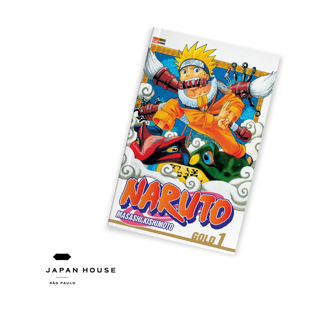 Card informativo com a capa do mangá 'Naruto', de Masashi Kishimoto em fundo branco.