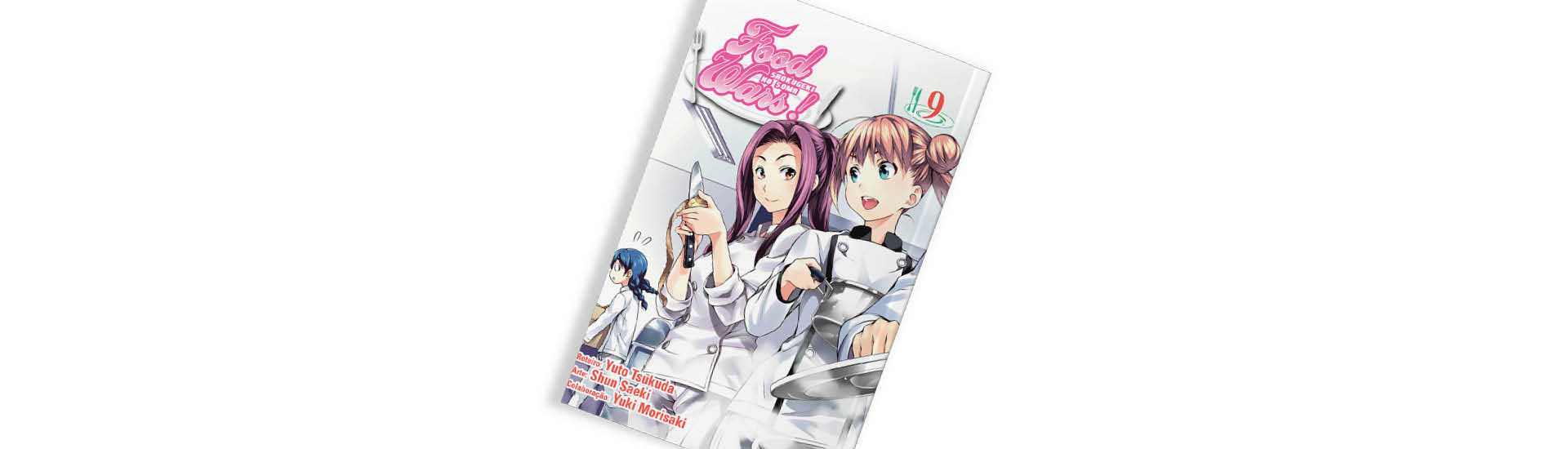Capa do mangá ‘Food Wars!’, de Yuuto Tsukuda, Yuki Morisaki e Shun Saeki em fundo branco