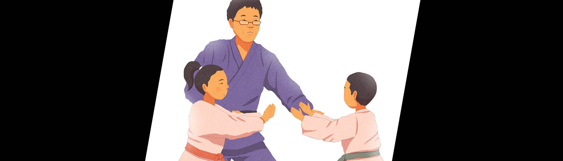 Ilustração do judoca Futoshi Urata, com duas crianças, vestidos de kimono da prática da arte marcial.