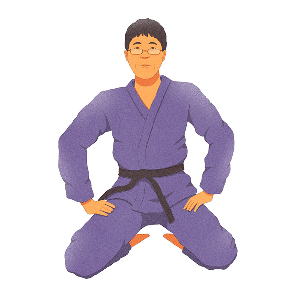 Ilustração do judoca Futoshi Urata, ajoelhado, em kimono azul, com as mãos nas pernas.