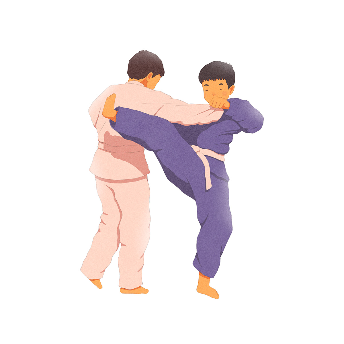 Ilustração de duas crianças em pé, fazendo movimentos da arte marcial, em kimono azul e rosa.