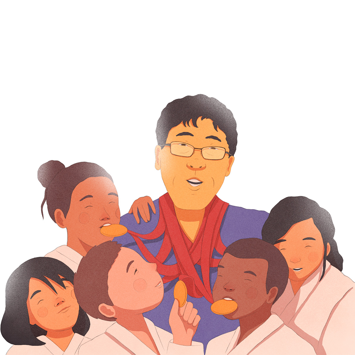 Ilustração do judoca Futoshi Urata com diversas medalhas de ouro em seu pescoço, e 5 crianças ao seu redor o abraçando e segurando as medalhas.