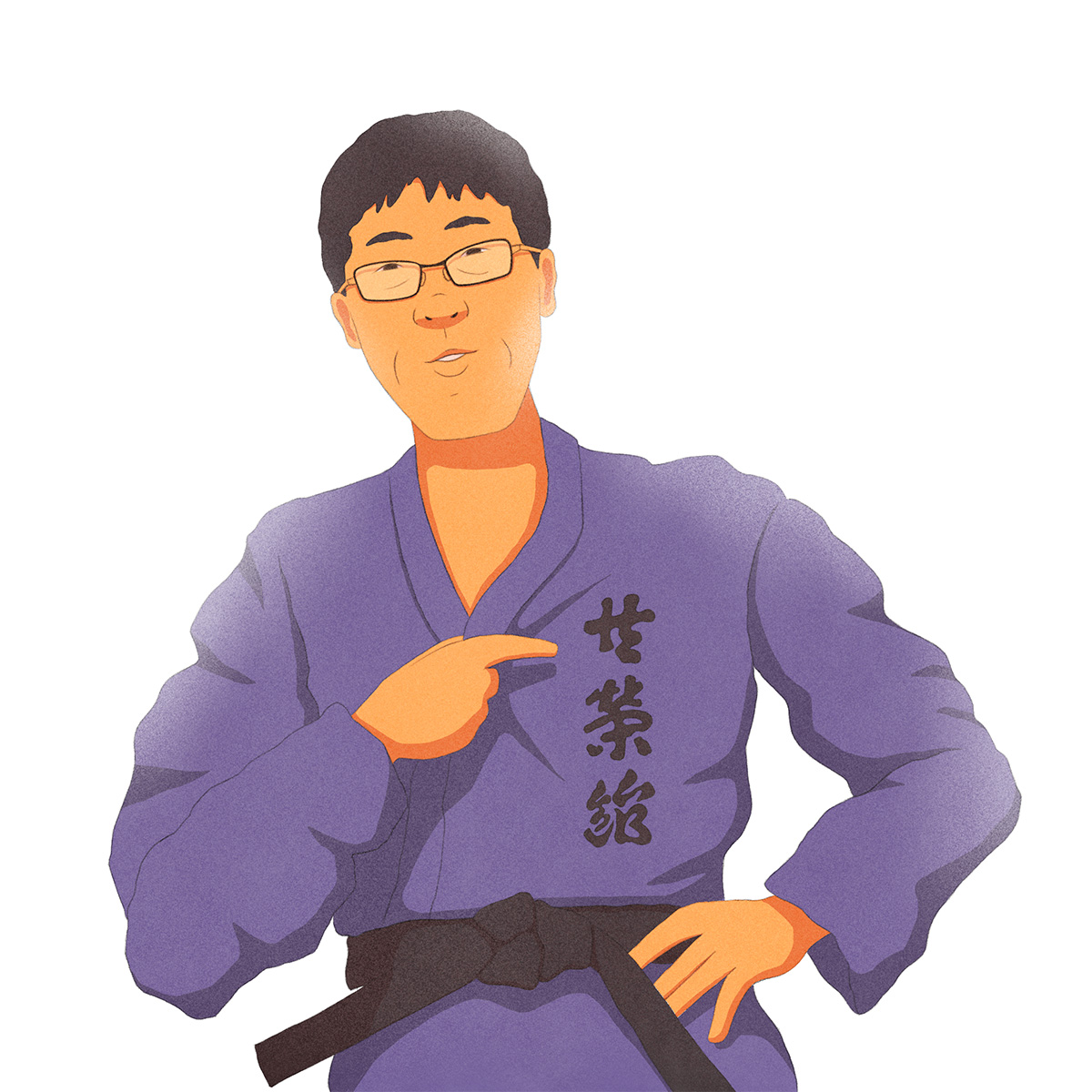 Ilustração do judoca Futoshi Urata, em kimono azul, apontando para ideogramas japoneses que estão escritos na sua vestimenta.