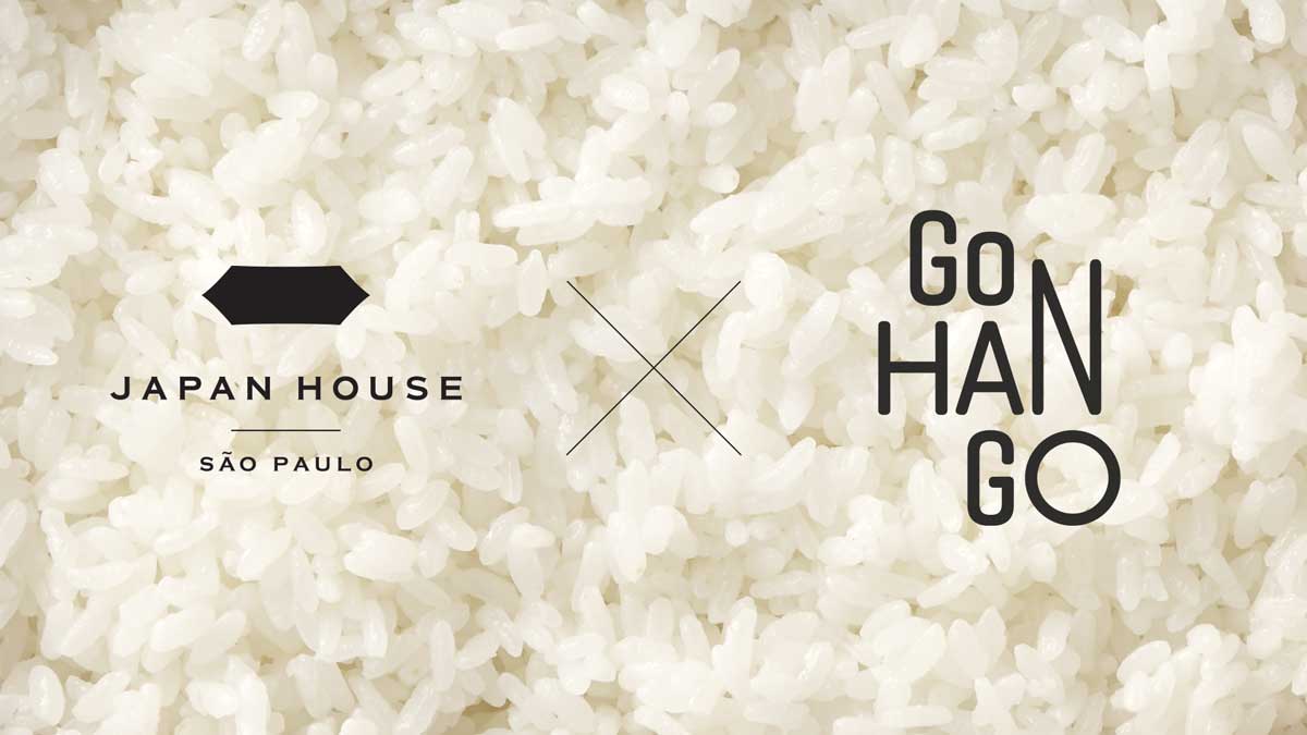 Logos da Japan House São Paulo e GoHanGo, com fotografia de detalhe de grãos de arroz ao fundo.