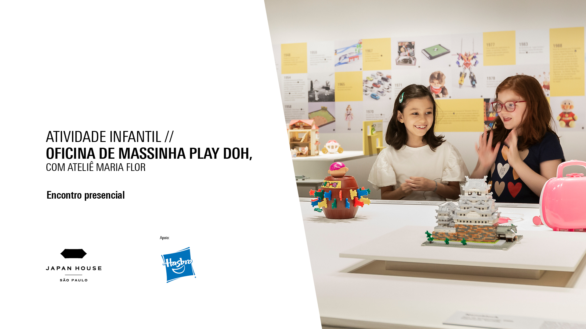 Banner informativo. Atividade infantil // Oficina de Massinha Play Doh, com Ateliê Maria Flor. Eventos presenciais.
